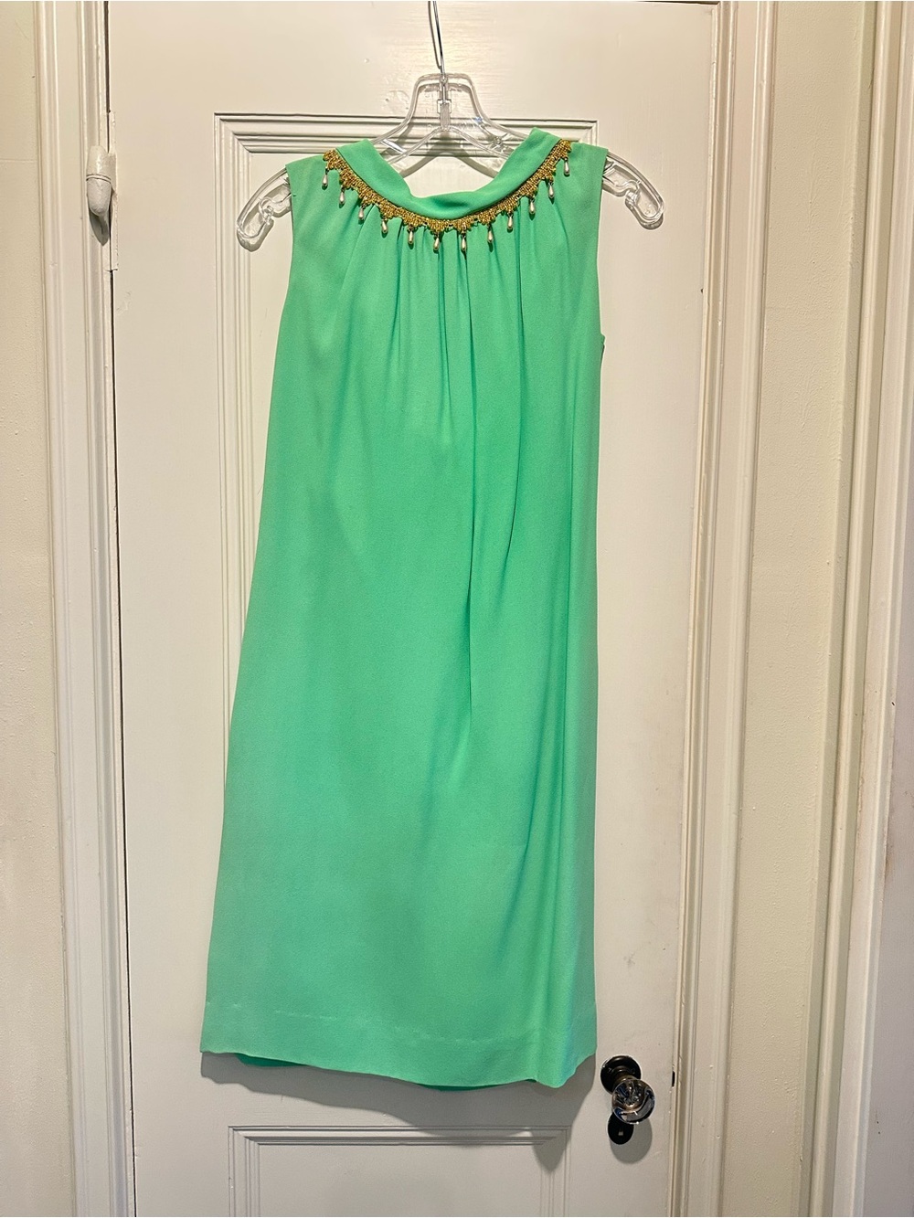 Sleeveless Mint Green Shift Dress with Gold Beaded Neckline